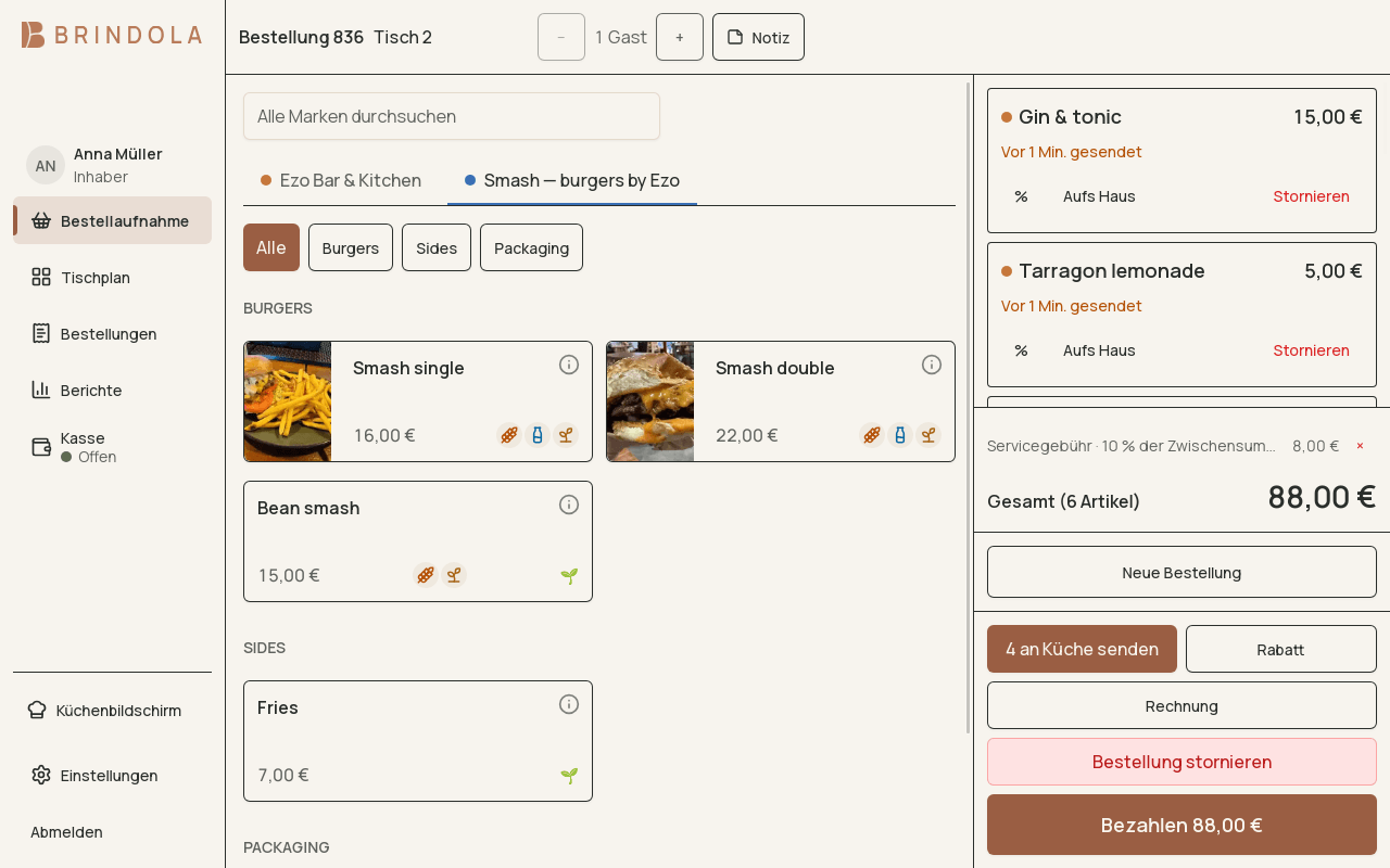 Marken-Tabs, ein Produktraster mit Fotos und eine offene Rechnung in der Bestellaufnahme. · auf Deutsch dargestellt