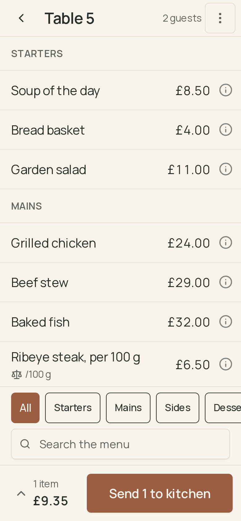 Table 5 on a phone: the catalog in one column with prices, the category chips and search at the foot, and one item ready to send to the kitchen. · shown in English