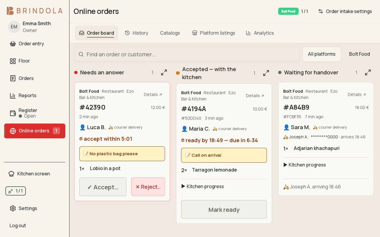 The delivery inbox on the terminal, one platform order highlighted with its accept deadline counting down and the accept and reject buttons beside it. · shown in English