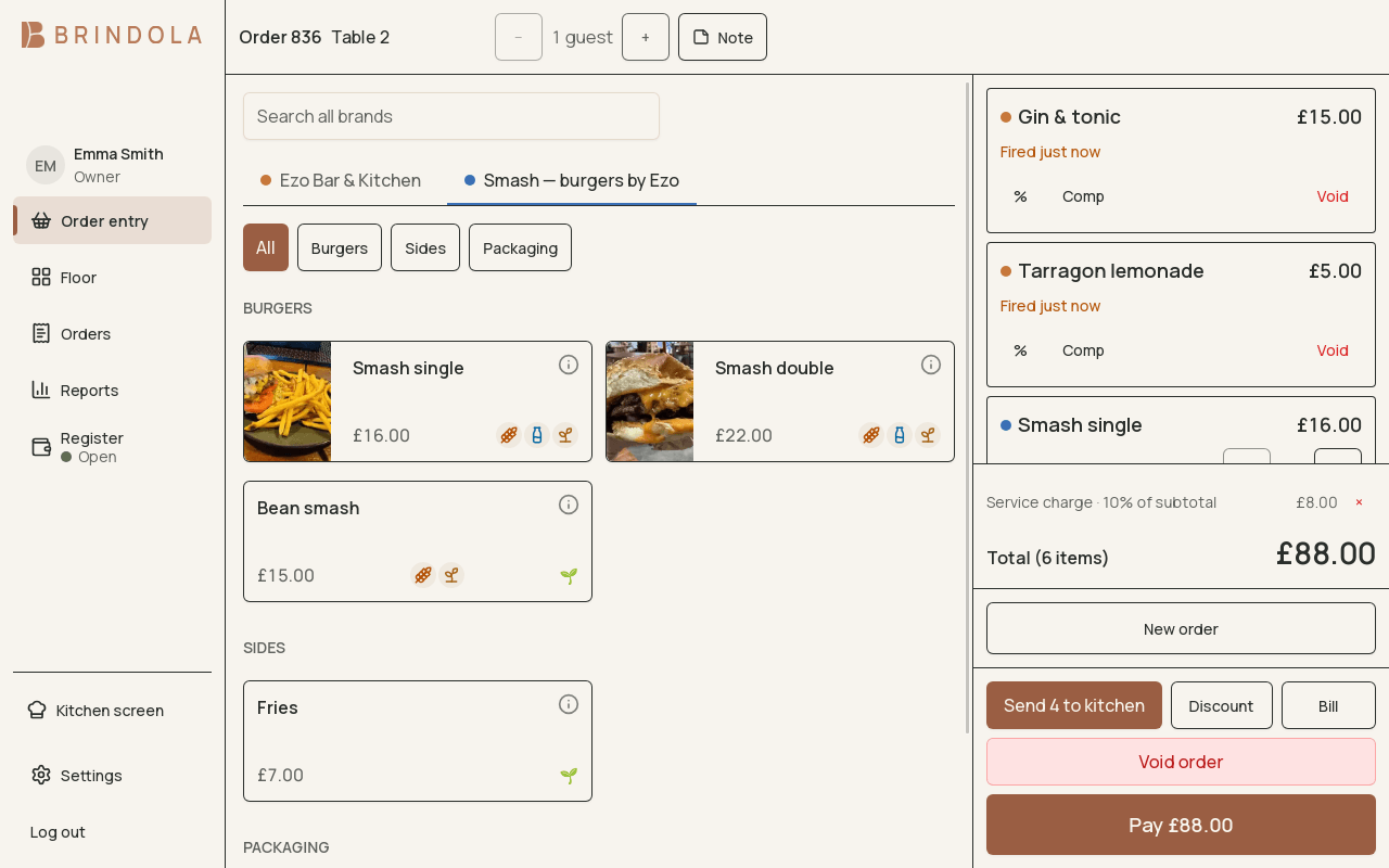Brand tabs, a grid of products with photos, and an open bill in the order entry screen. · shown in English