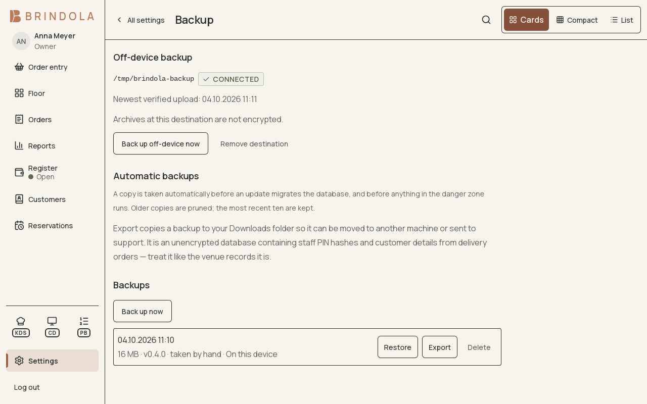 The off-device destination with its newest verified upload, above the backups kept on this device. · Shown in English