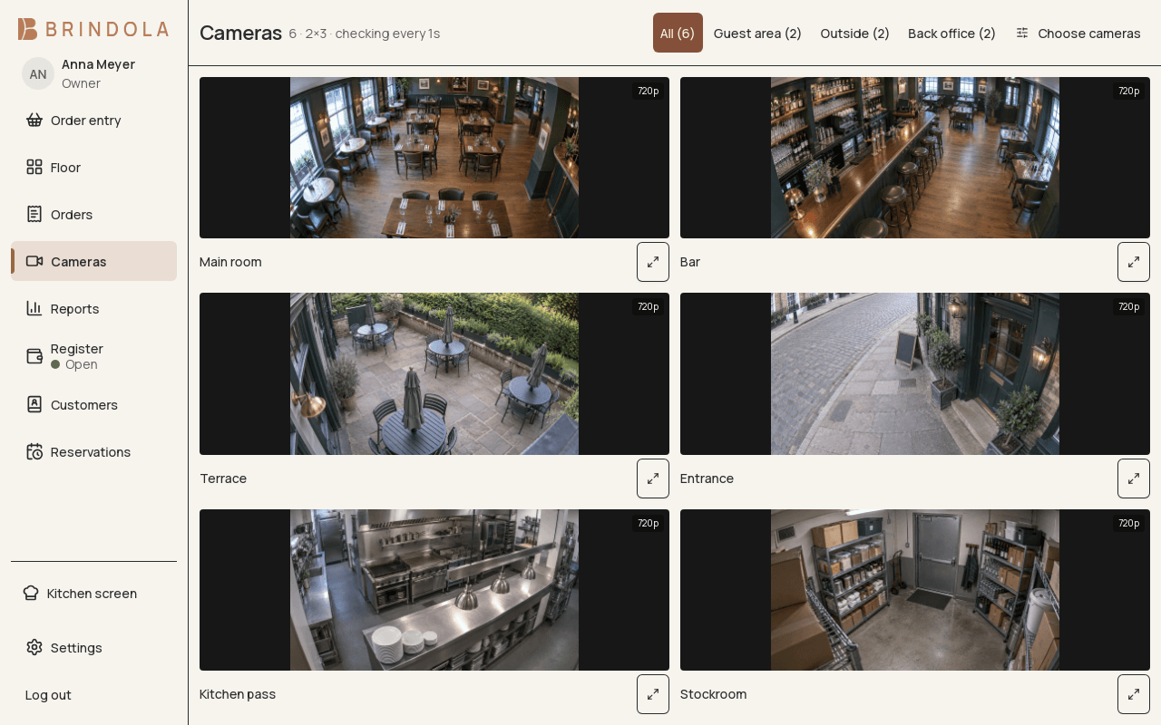 Configured camera tiles with their area labels. · Shown in English