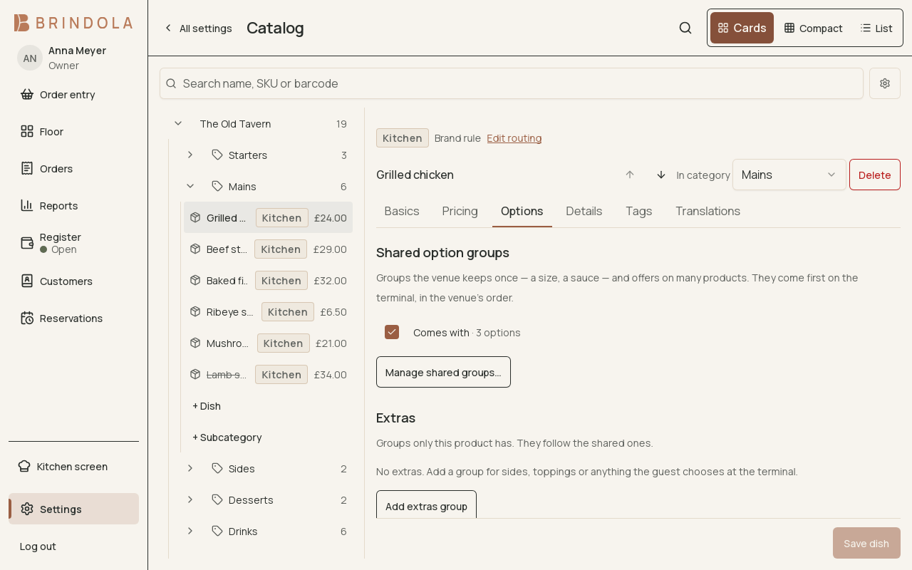 A dish in the catalog editor, on its Options tab: the shared option group it offers. · Shown in English