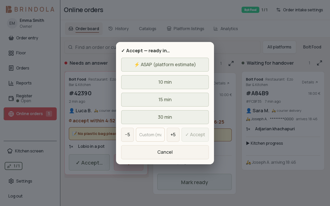 A test platform order with its deadline and preparation-time choice. · Shown in English