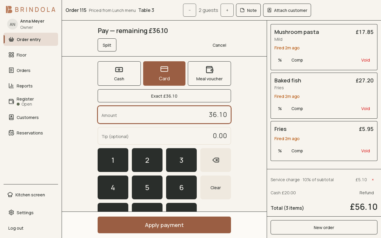 A split payment showing the amount still due and the selected payment option. · Shown in English