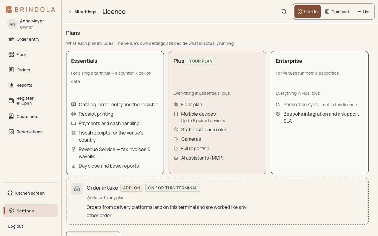 What each plan includes, with this venue's plan marked and the order-intake add-on beside them. · Shown in English