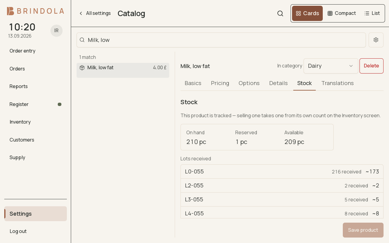 An item's stock tab showing on hand, reserved and available quantities and the lots received, each with an estimate of what is left. · shown in English