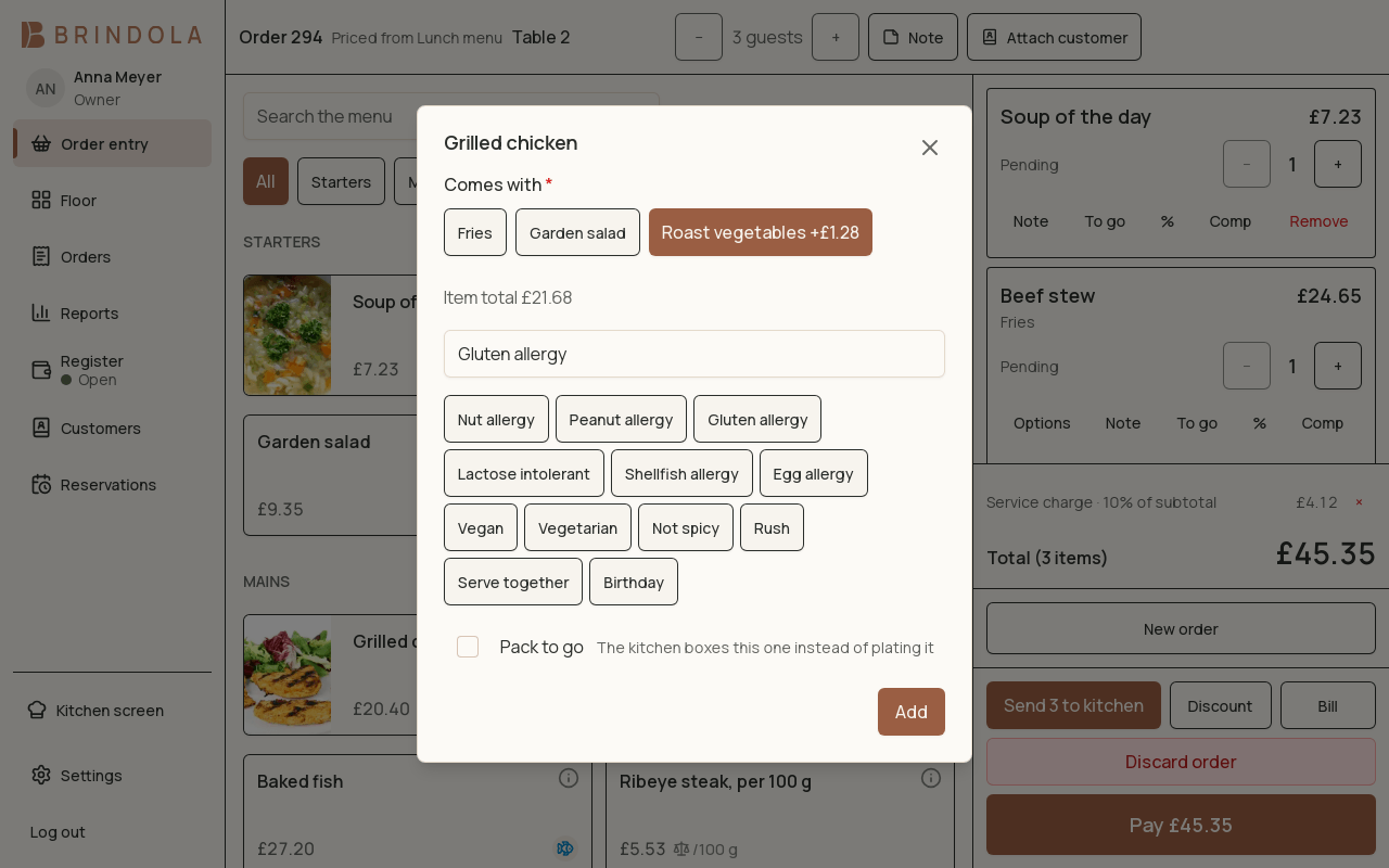 The order entry screen with category filters, a grid of item tiles and the running bill down the side, with an item's options sheet open over it: a required choice and the allergy notes. · shown in English