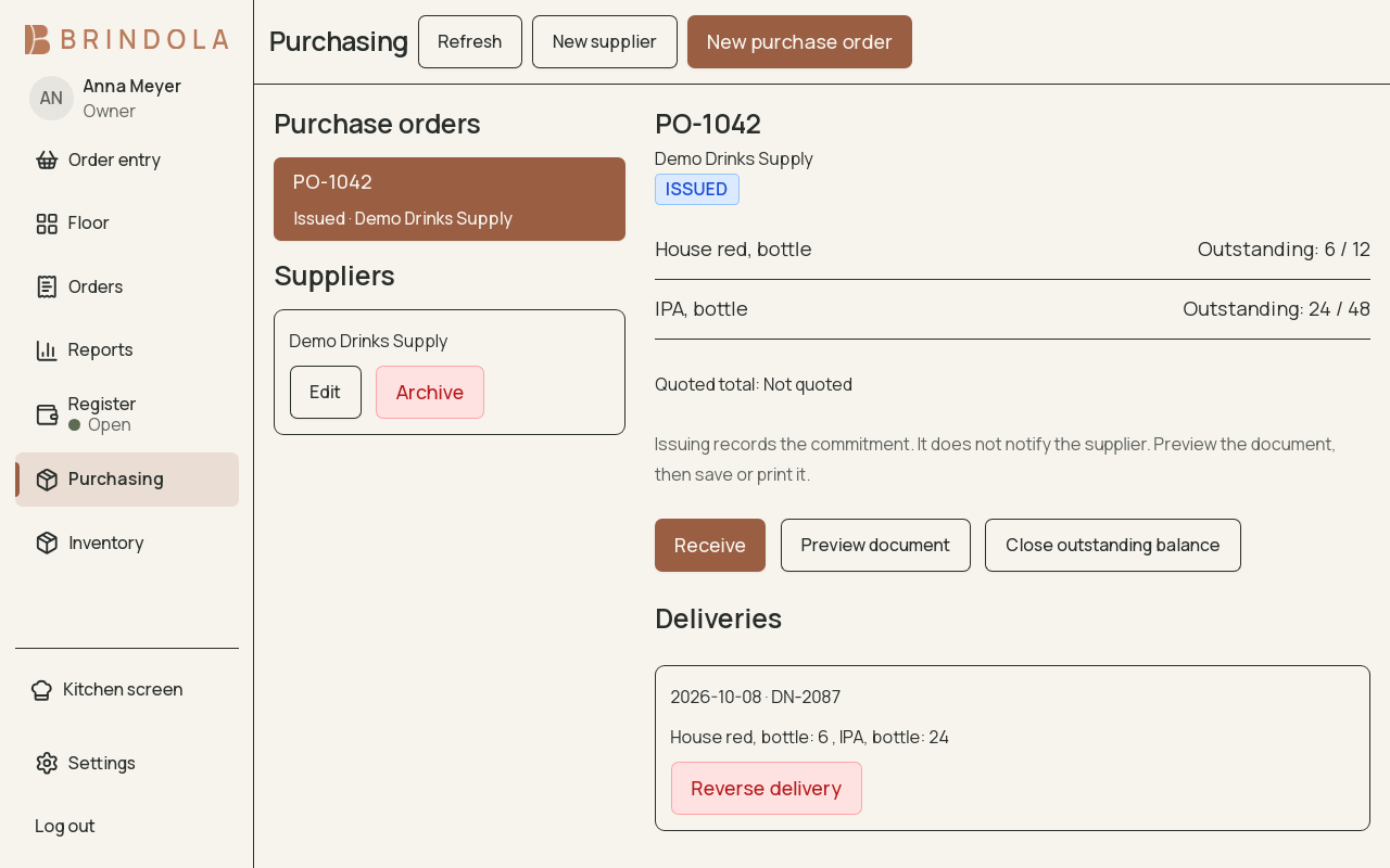 An issued purchase order showing the supplier, outstanding quantities and the deliveries already received. · shown in English