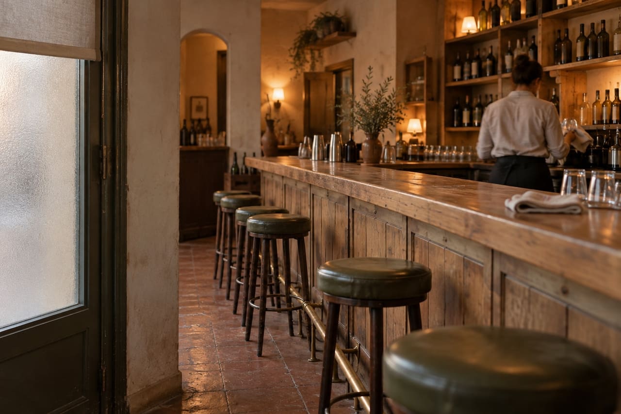 A bartender working behind a long wooden bar with green stools and a lit back bar