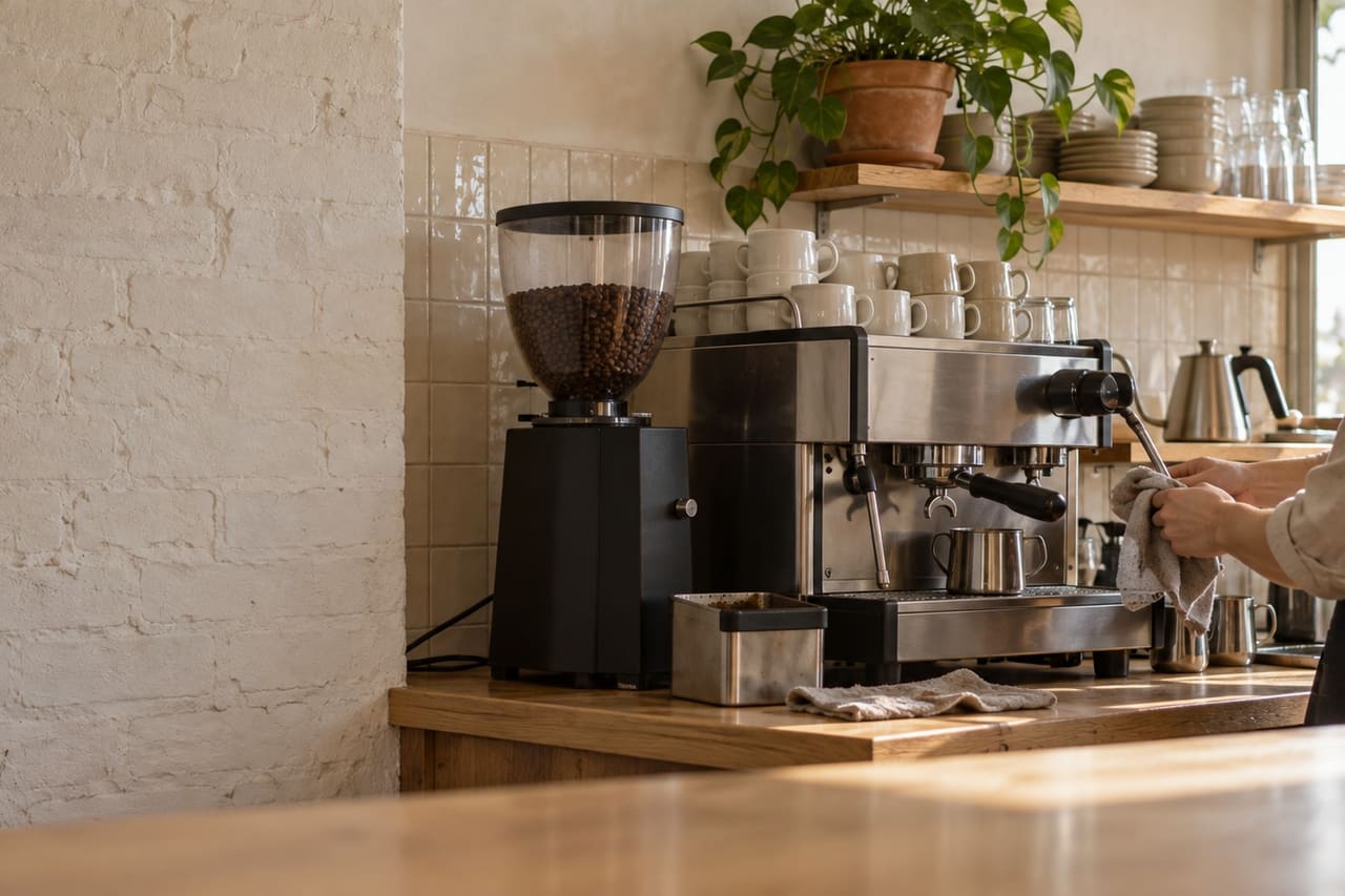 Pour-over kettles, a grinder and cups on the back counter of a small coffee shop