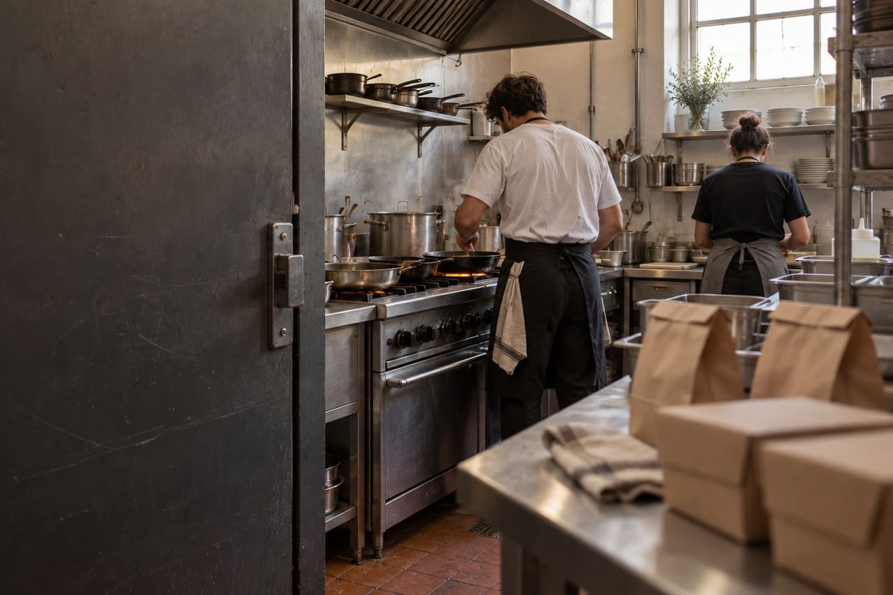 A cook working a row of pans on the line of a commercial kitchen