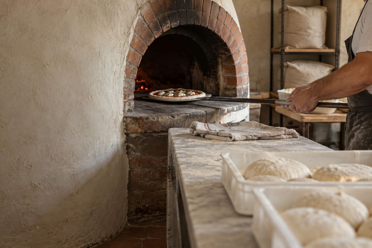 Eine Pizza, die neben dem Feuer in einem Steinofen backt