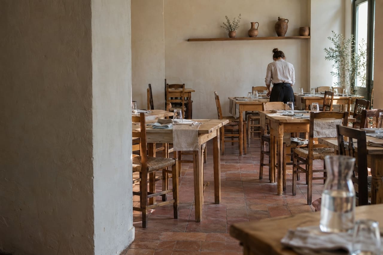 A small restaurant's dining room before service, wooden tables laid with linen and glasses, a waiter setting a table at the far end