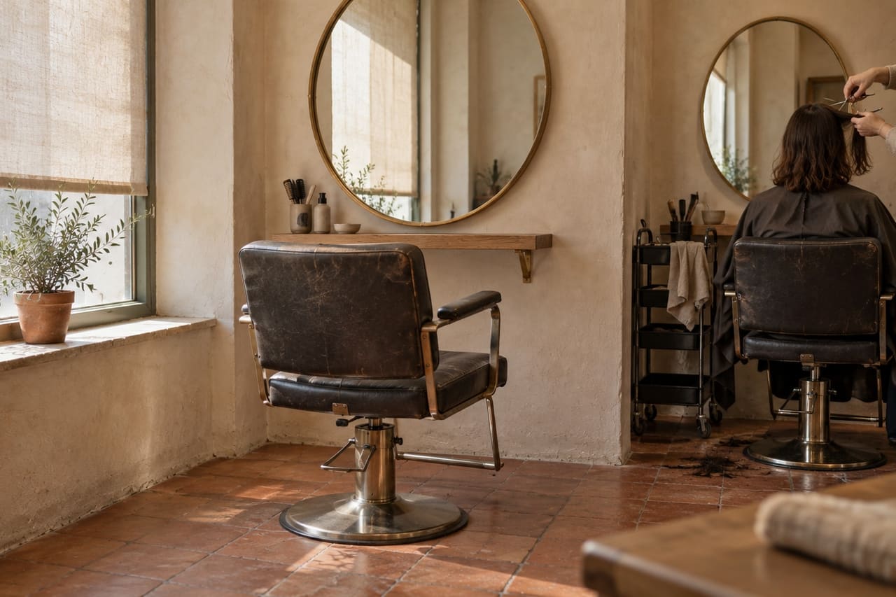Two worn leather salon chairs facing round brass mirrors, a stylist cutting a client's hair at the far one