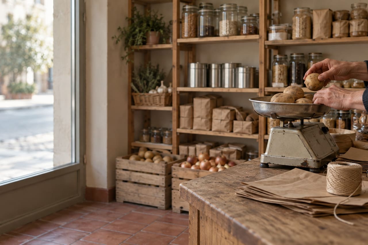 A small shop's counter with an old counter scale weighing potatoes, wooden shelves of jars and crates of produce behind it